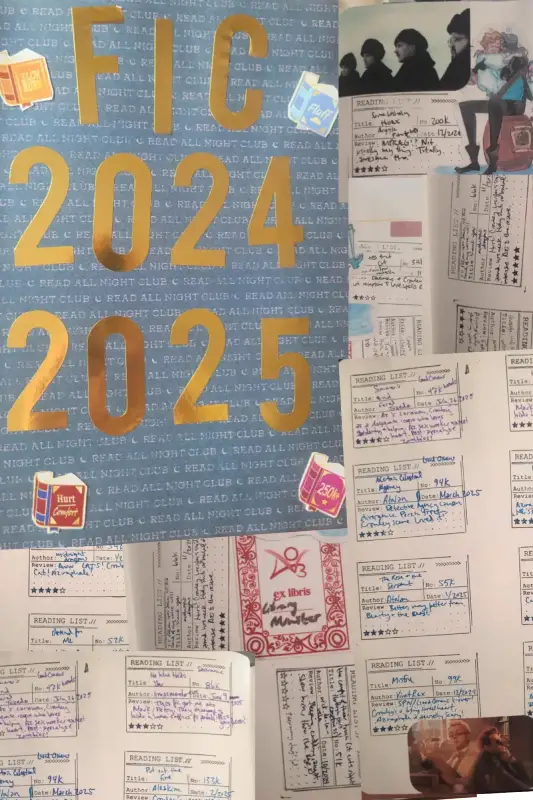 A digital collage of the section of my notebook for all the fics I've read this year - gold sticker lettering, and little laminated stickers that highlight beloved fanfiction tropes. The rest are my handwriting giving the title of the fic, a little review of it, off a Reading Log stamp that's all over the following pages.